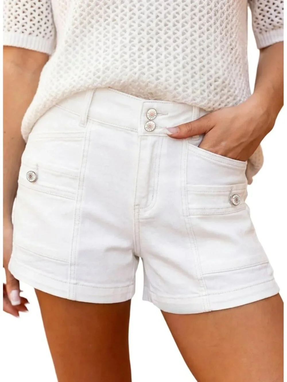 Women's White High Waisted Stretchy Shorts Double Button Denim Jean Shorts